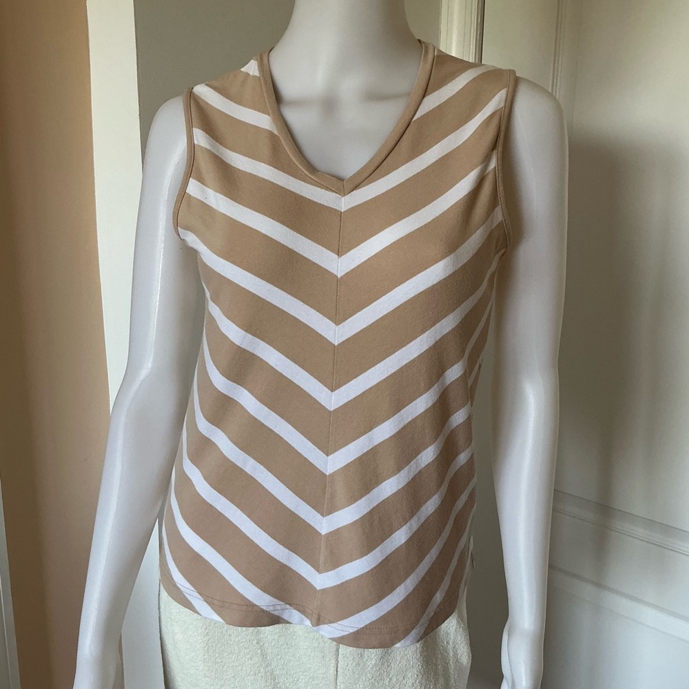 Paraphrase White and Tan Fitted Sleeveless Tank Top